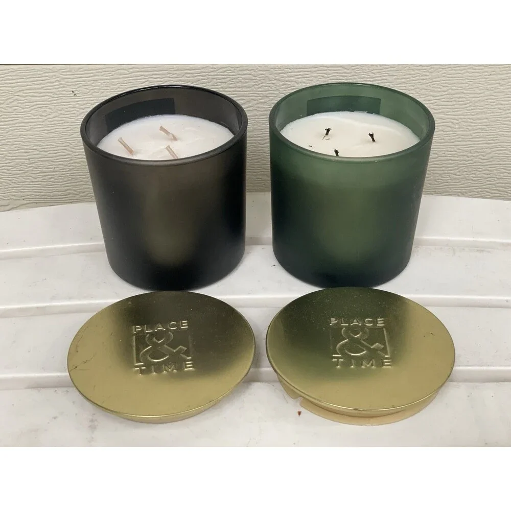 Lot of 2 Place & Time 3-Wick Scented Holiday Candles Peppermint Bark & Fresh Gar